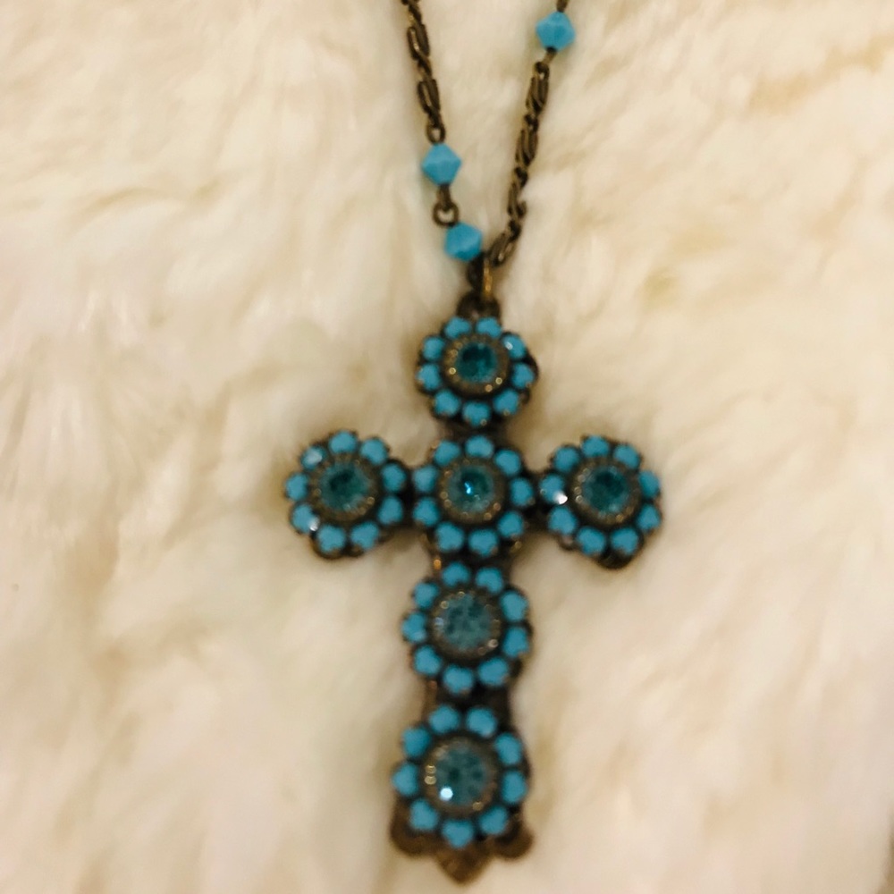 Turquoise Crystal & Stone Cross Necklace; New